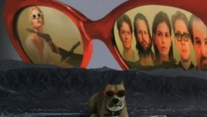 Dog wearing sunglasses in surreal landscape.