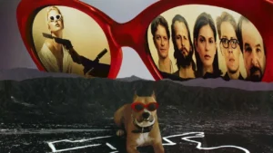 Dog wearing sunglasses in a dramatic scene.