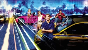 A fast and furious group stands confidently in front of brightly colored sports cars, including pink and yellow ones. Palm trees and neon lights create a vibrant 2003 urban vibe in the background.