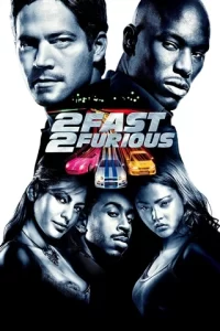 A 2003 movie poster for 2 Fast 2 Furious showcases four cars racing ahead beneath five determined characters. The title boldly takes center stage, while the cool-toned background adds a sleek finish.