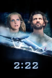 Poster of the movie 2:22 showing a woman and a man with an airplane in flight below them, and a cityscape with glowing lights.