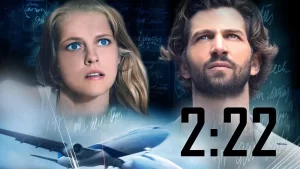 A man and a woman gaze upwards with serious expressions as an airplane is silhouetted beneath them. The imposing 2:22 text looms prominently on the right, intertwining with their contemplative stares.