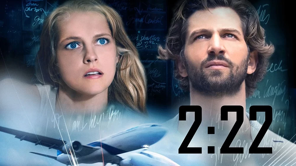A man and a woman gaze upwards with serious expressions as an airplane is silhouetted beneath them. The imposing 2:22 text looms prominently on the right, intertwining with their contemplative stares.