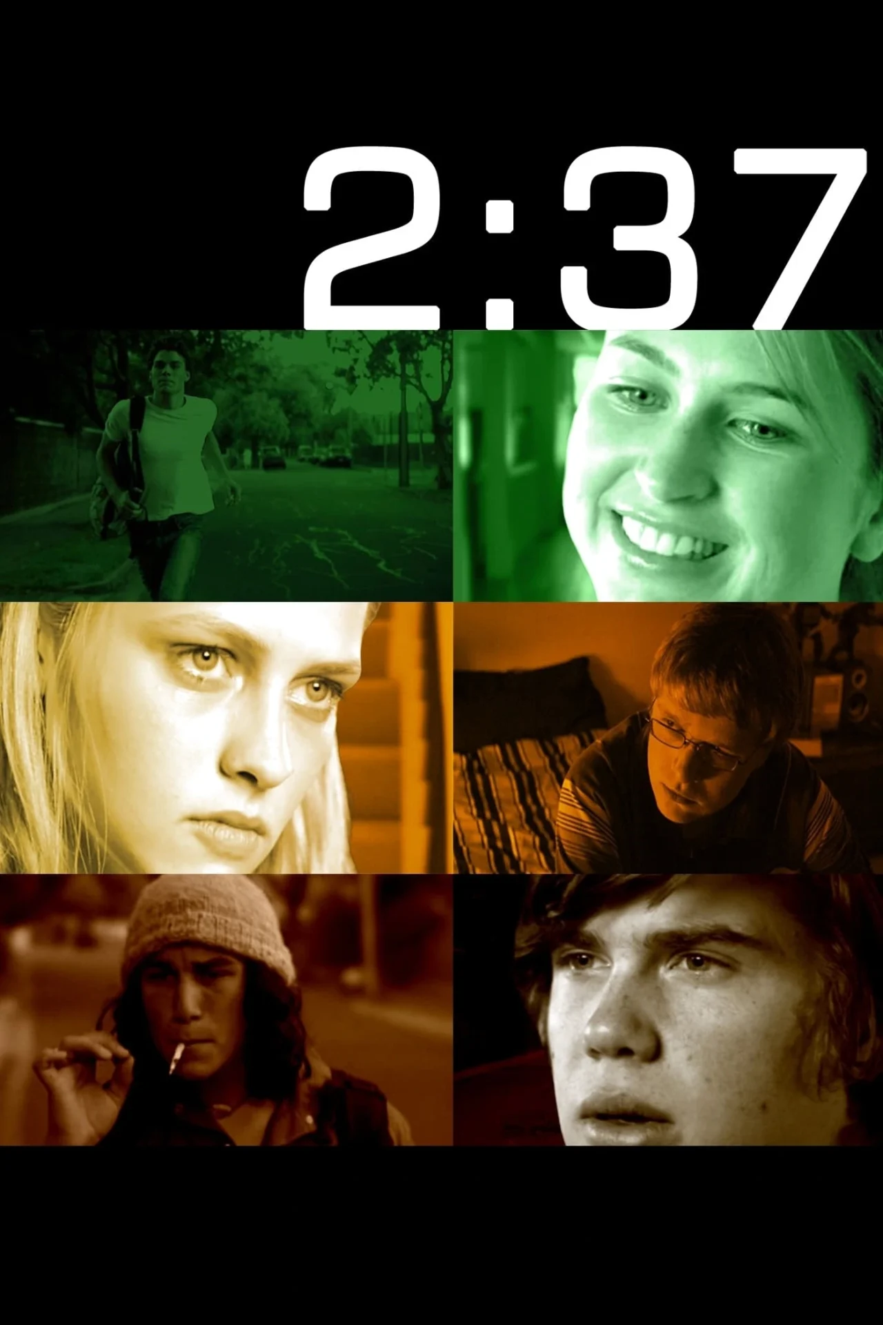 A collage of six film stills tinted in green, yellow, and brown tones shows different young people, with a large white 2:37 at the top, referencing the films title.